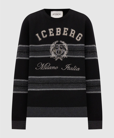 Black wool sweater with textured logo