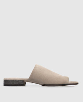 Brunello Cucinelli Beige suede flip-flops with a monil chain MZSFC3170