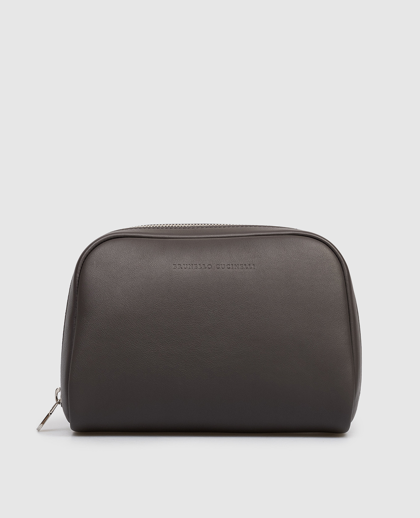 Dark brown leather toiletry bag with embossed logo