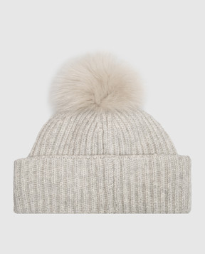 Yves Salomon Gray cashmere hat with fox fur pompom 23WAA524XXMACA