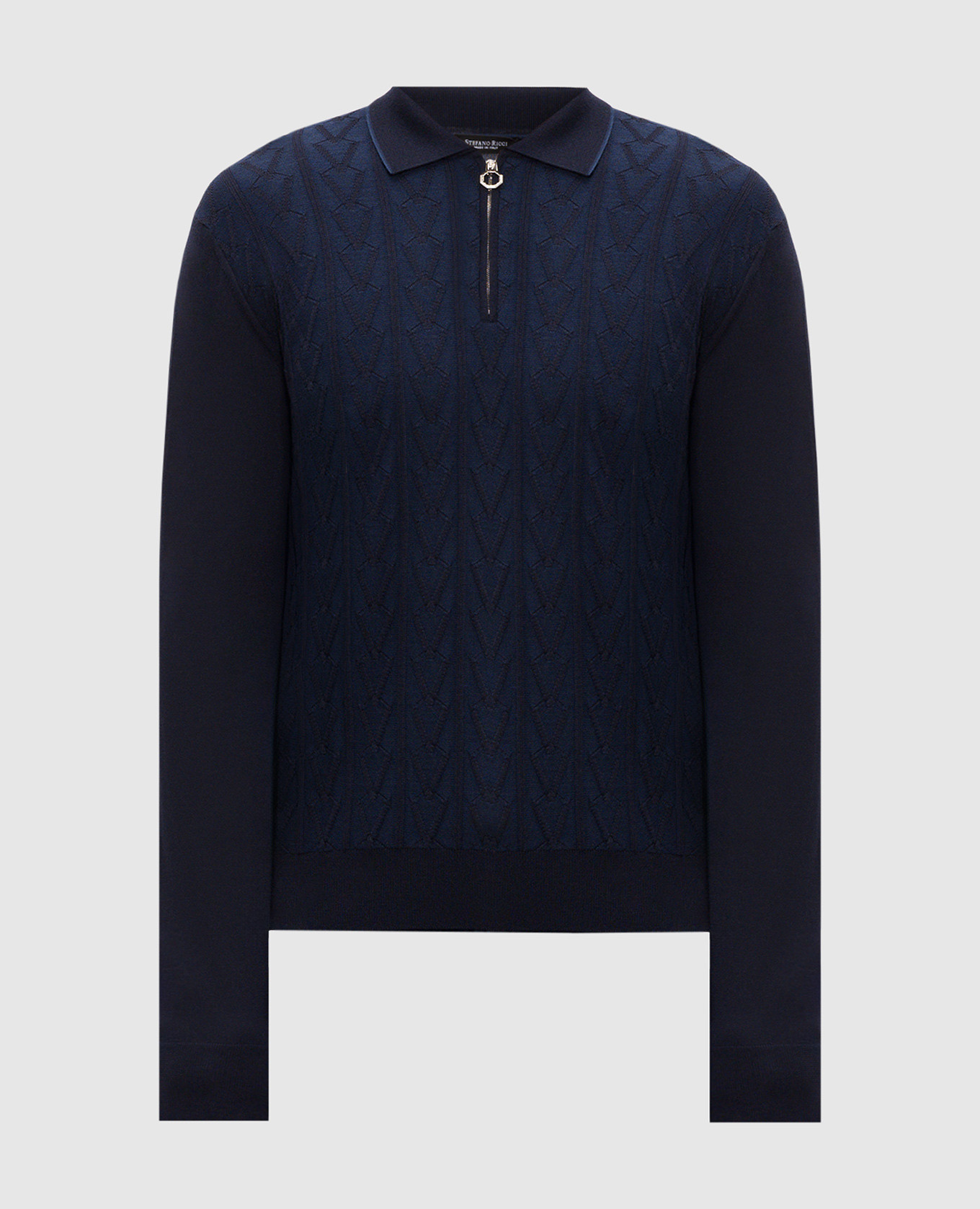 Blue wool and silk patterned polo shirt