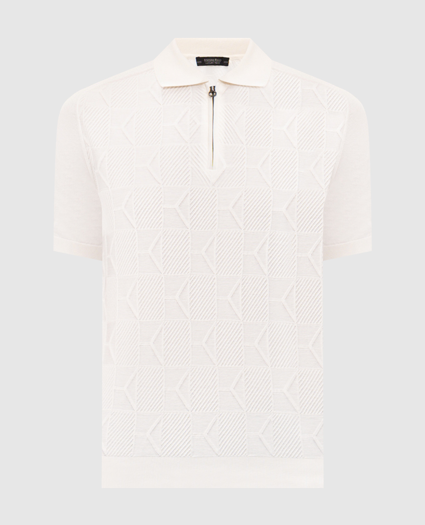 White polo shirt with a pattern and an emblem