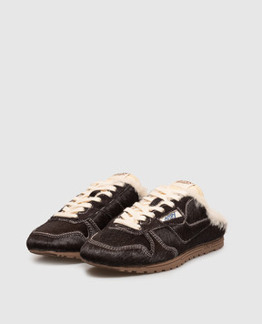AUTRY Brown leather Windspin mules with fur UMXWIX01