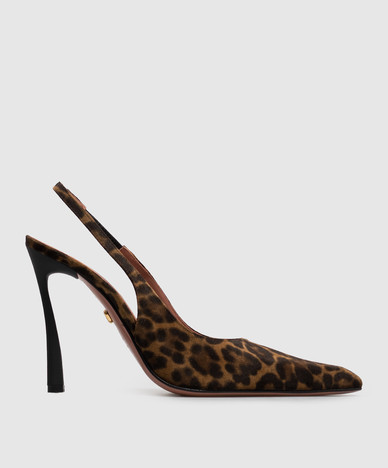 Zapatos de tacón destalonados de ante marrón con estampado de leopardo.