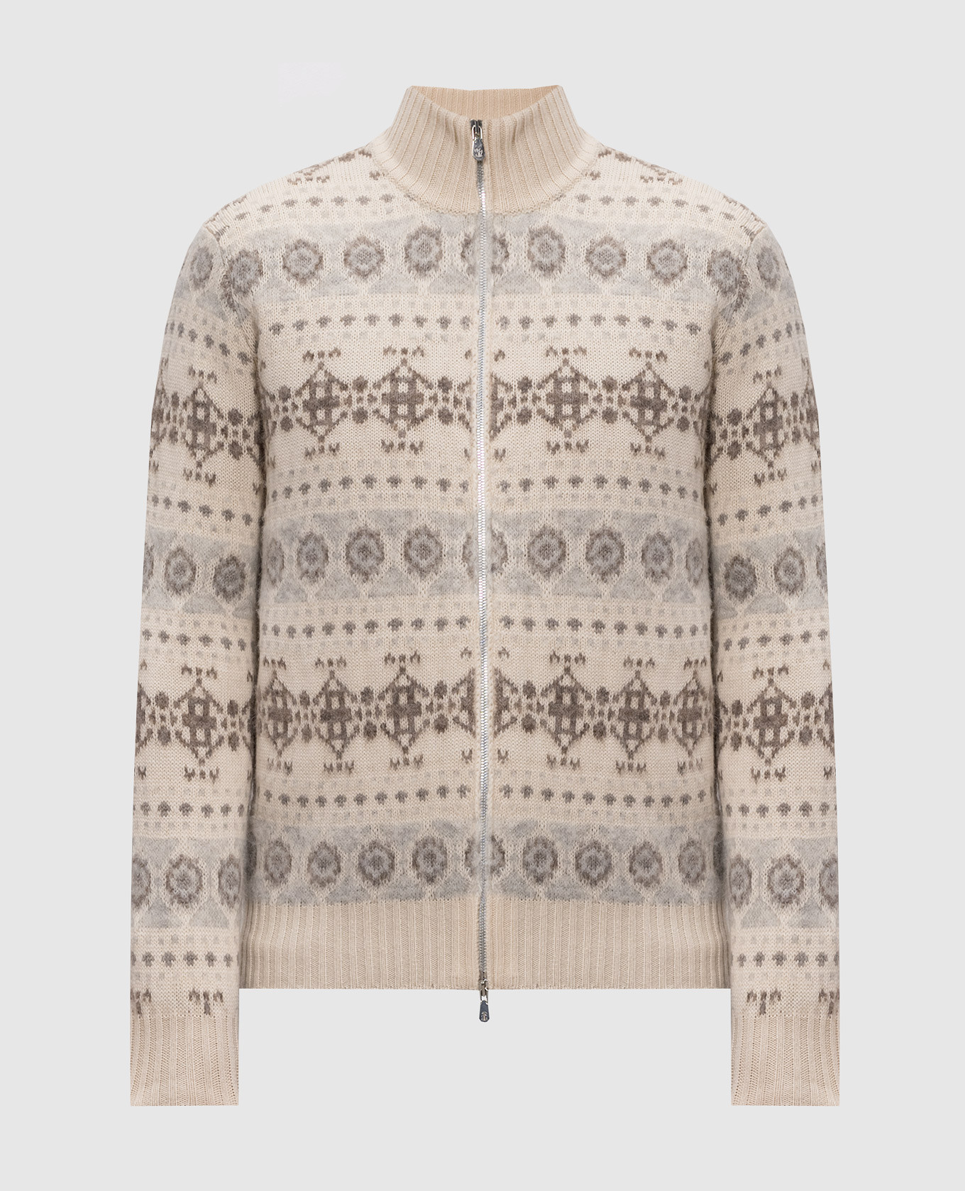 Beige cashmere cardigan with jacquard pattern
