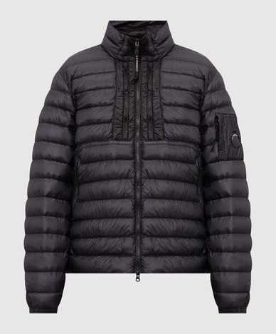 Blue down jacket with logo patch