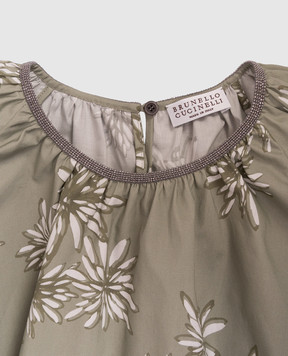 Brunello Cucinelli Children's green top in floral print with monil chain BQ970T495B