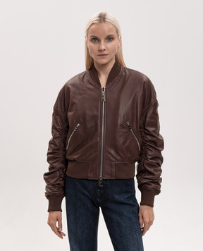 Dondup Brown leather bomber jacket with drape DJ800PL0511DXXX
