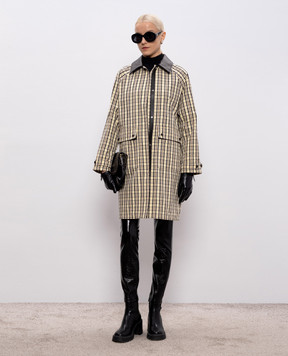 Yves Salomon Army Beige checked jacket with leather collar 26EFM02797L10W