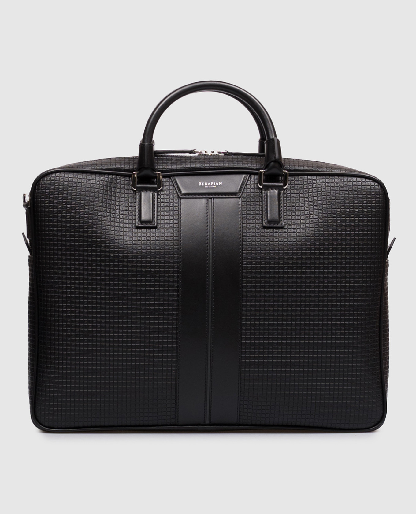 Black leather briefcase with logo