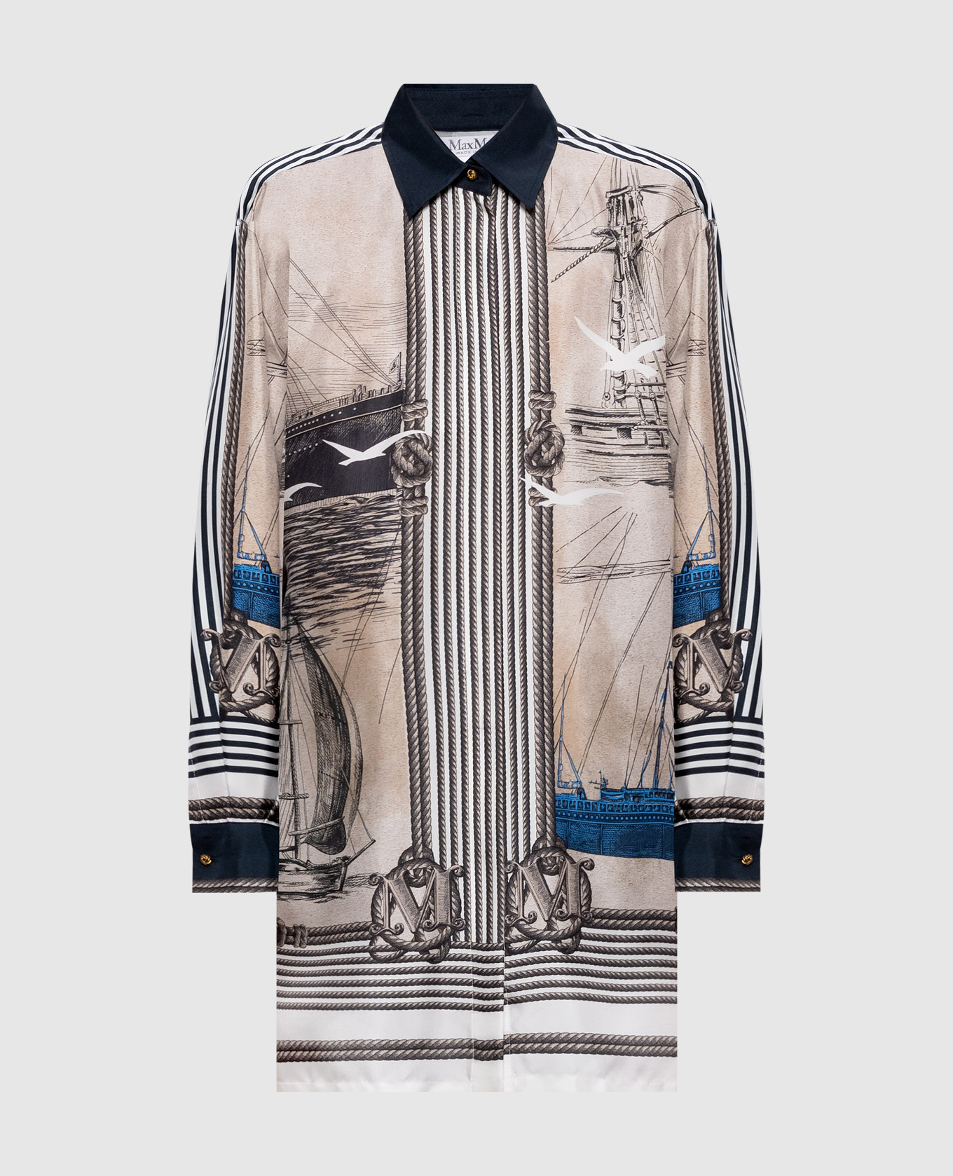 Beige printed silk long blouse