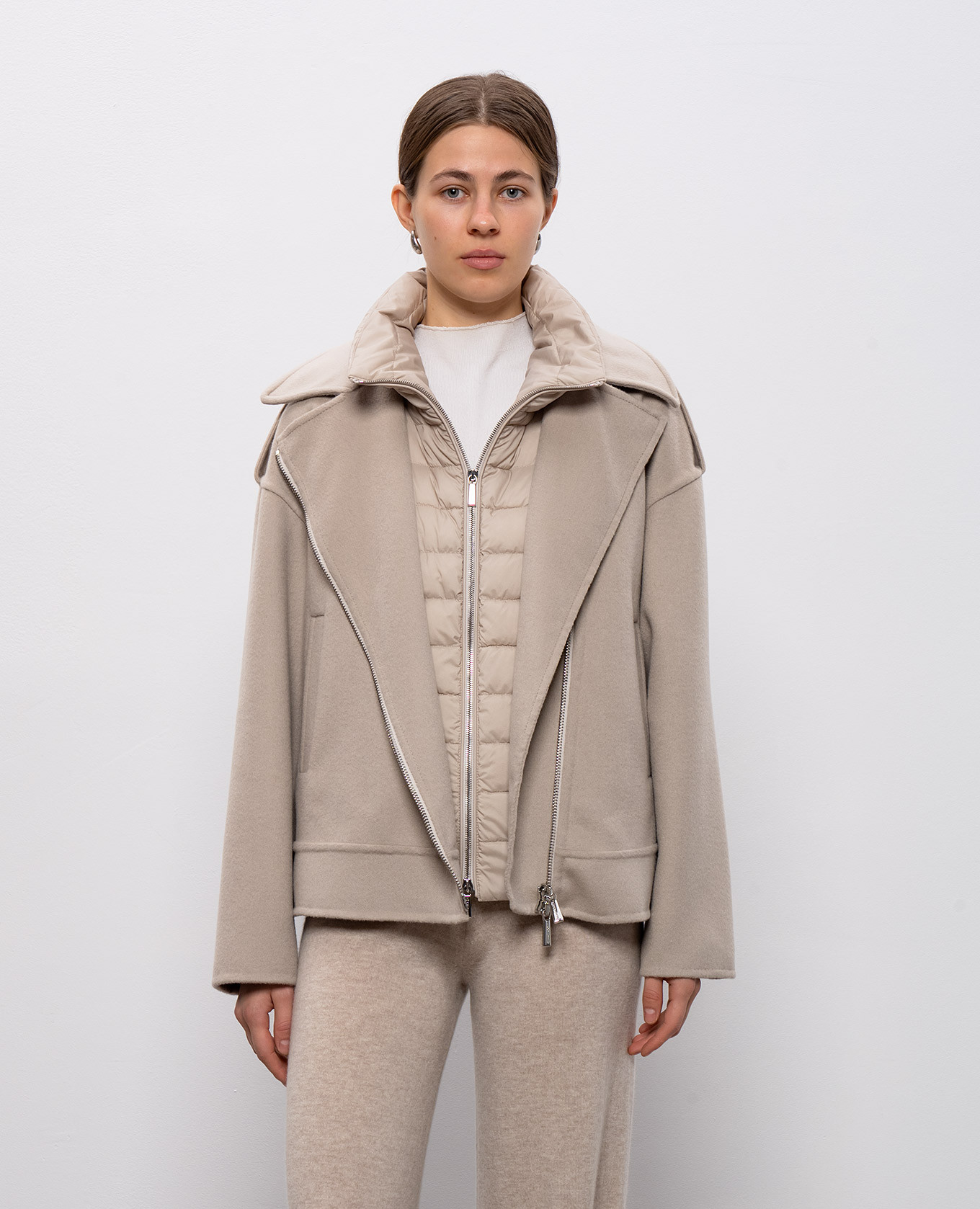 

Beige VIANA cropped coat in biker style with down vest MooRER