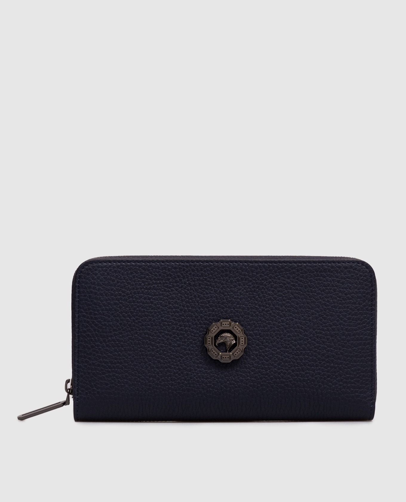 Blue leather wallet with textured emblem