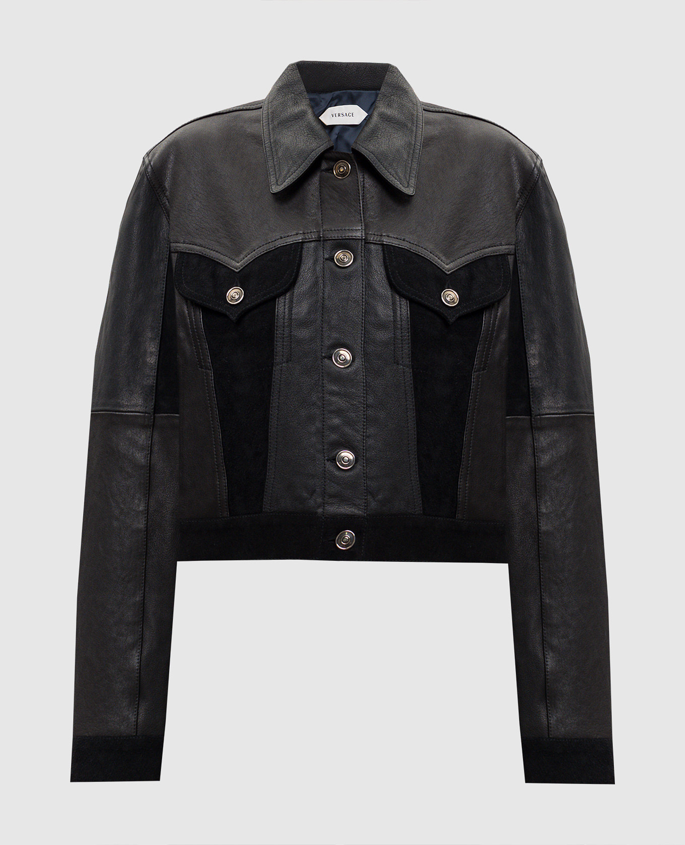 

Black leather jacket with logo patch Versace