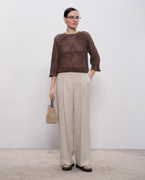 Peserico Brown openwork jumper with sequins and fringe A99047F0709110