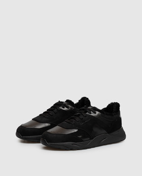 Santoni Black leather sneakers with fur trim MBIM22112NERPKOH