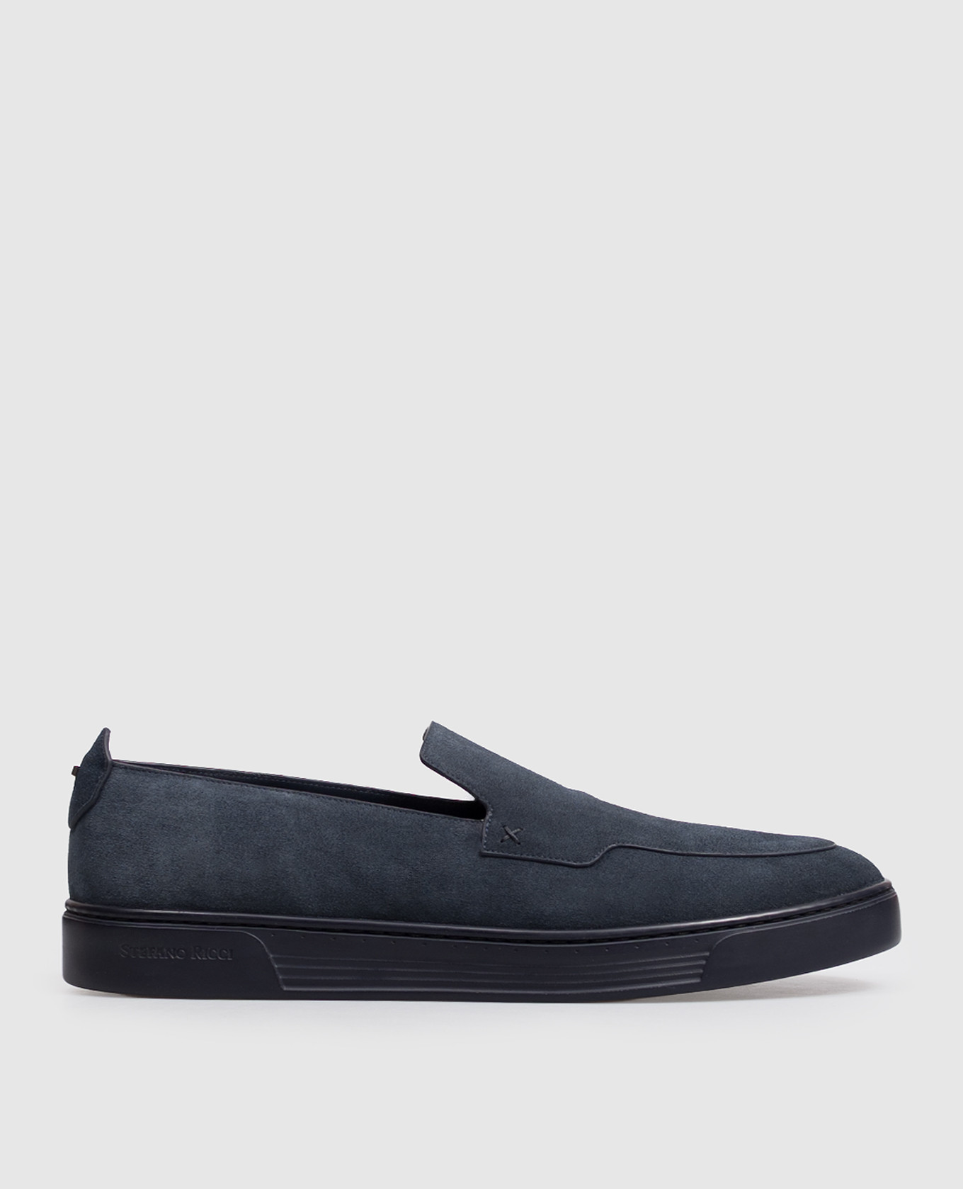 Blue suede slip-ons