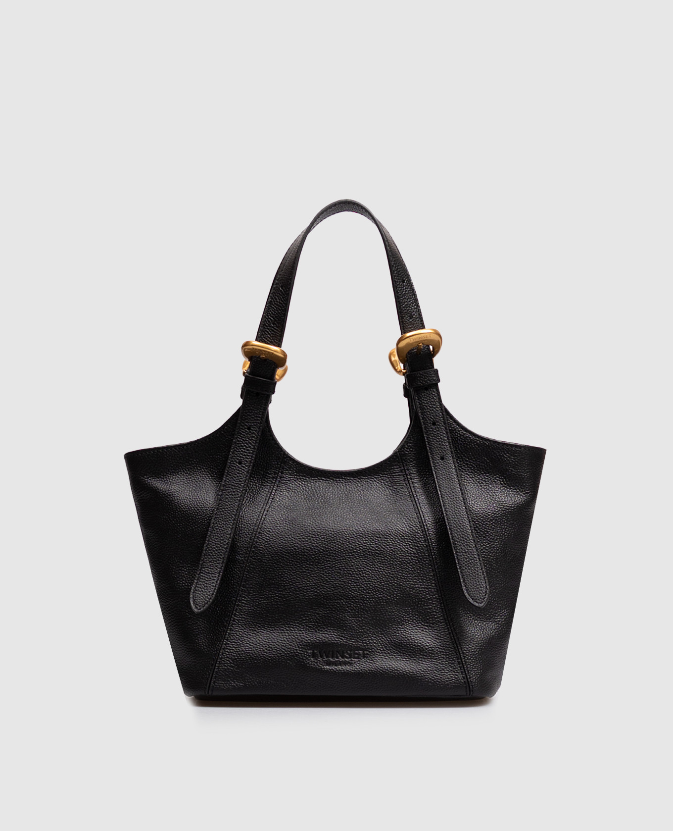 Black leather tote bag with logo embossing