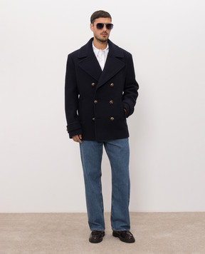 Balmain Blue double-breasted wool coat HH1UA156WC70