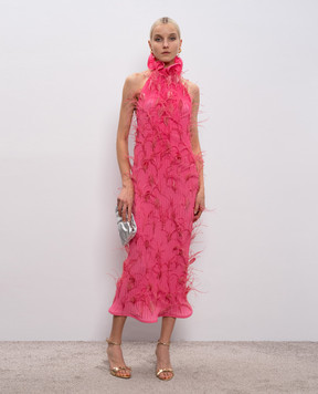 Rowen Rose Pink pleated dress with open back and feathers DRSRR447V2