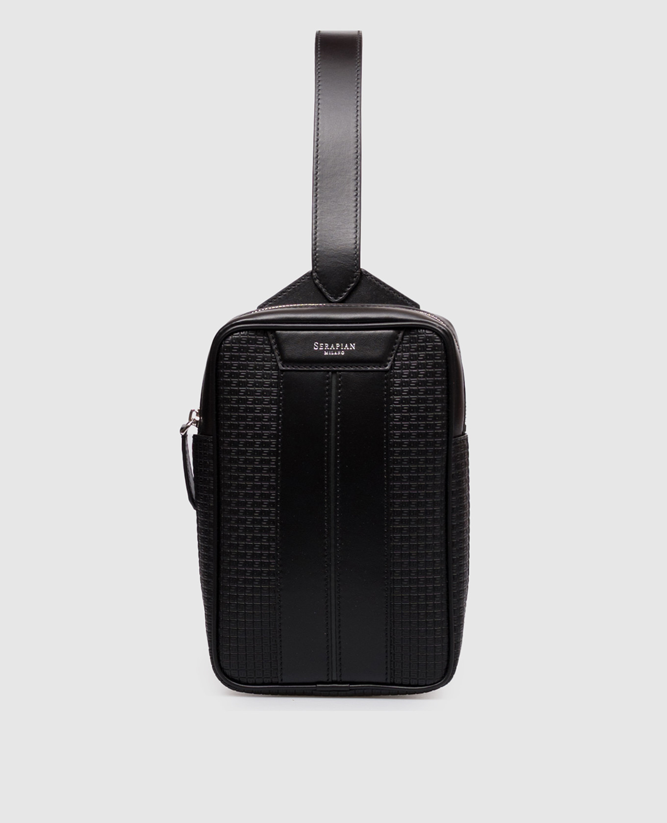 Black leather sling bag with branded embossing