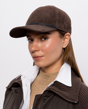 Brunello Cucinelli Brown suede cap with monil chain MCAP9F151P