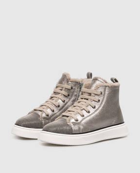 Brunello Cucinelli Silver leather high-tops with fur BZFAYZG409