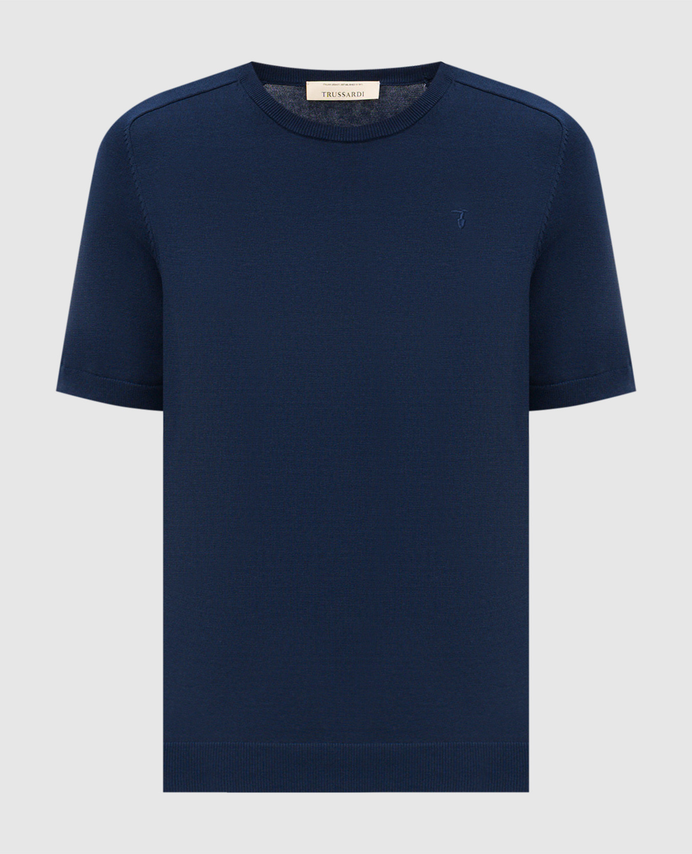 Blue silk T-shirt with embroidered emblem