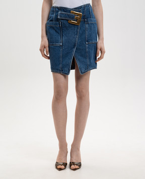 Balmain Blue denim mini skirt with buckle GF1LBB28DG08