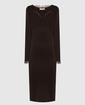 Twinset Brown ribbed dress with lace 262TP3392