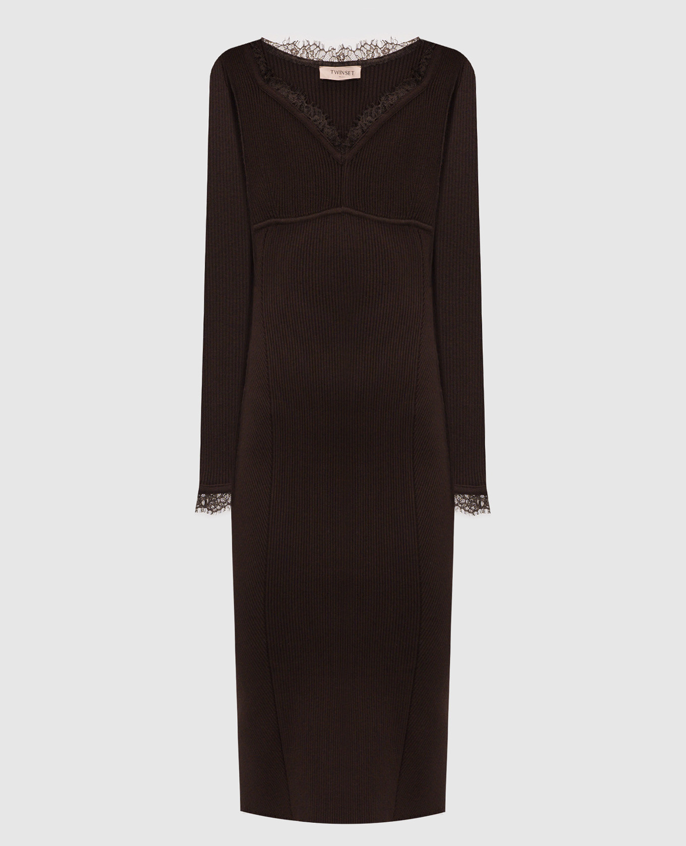 Brown ribbed dress with lace Twinset