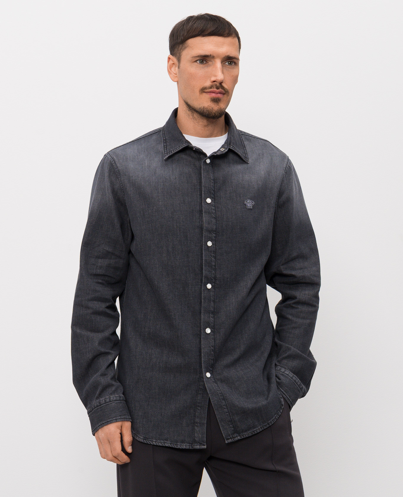 Black denim shirt with logo patch Versace 3