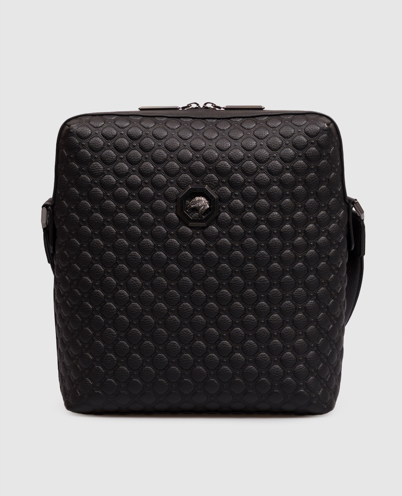 Black leather bag with emblem