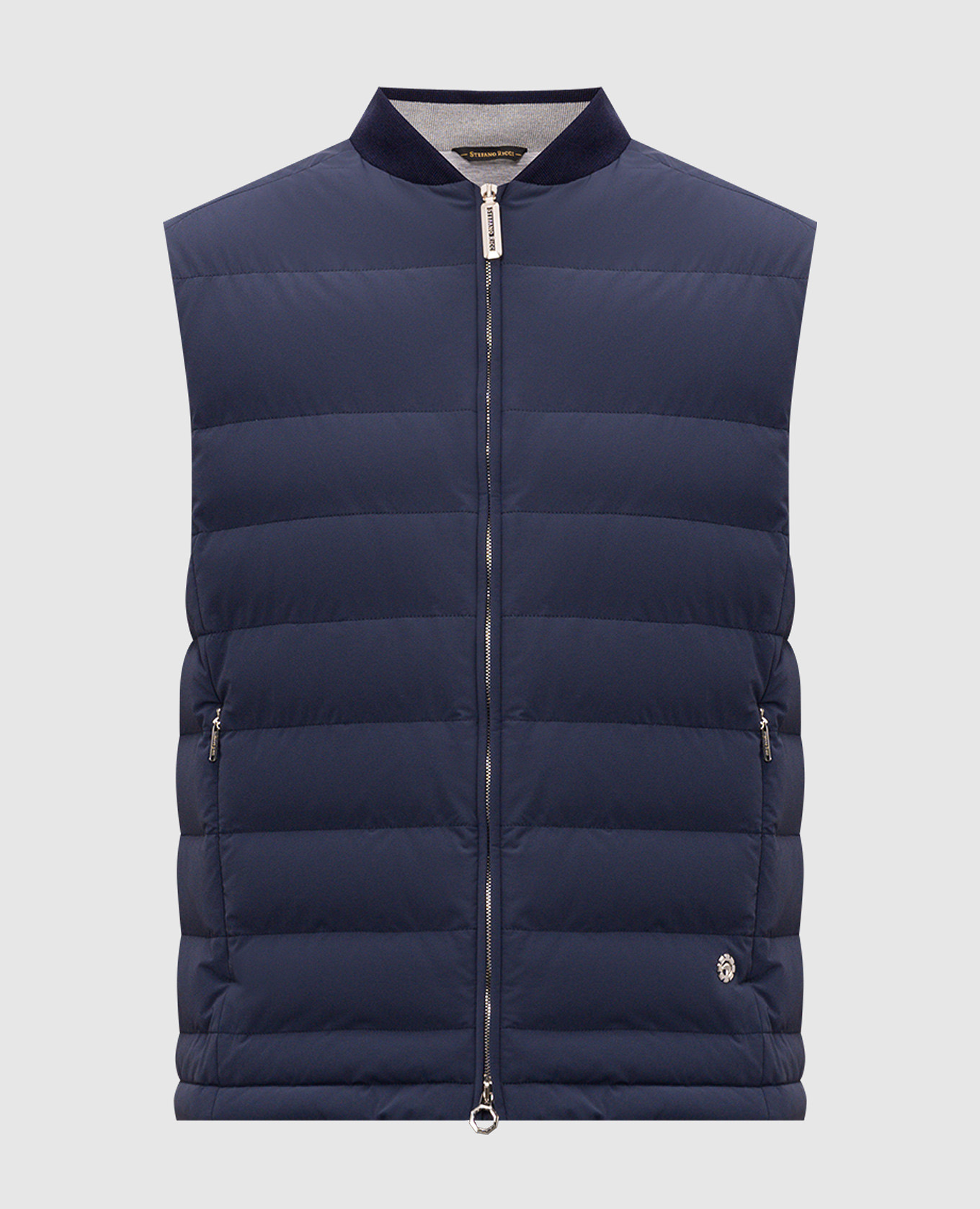 Blue down vest with emblem