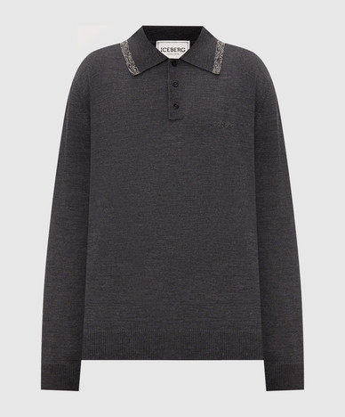 Grey wool polo shirt with logo embroidery