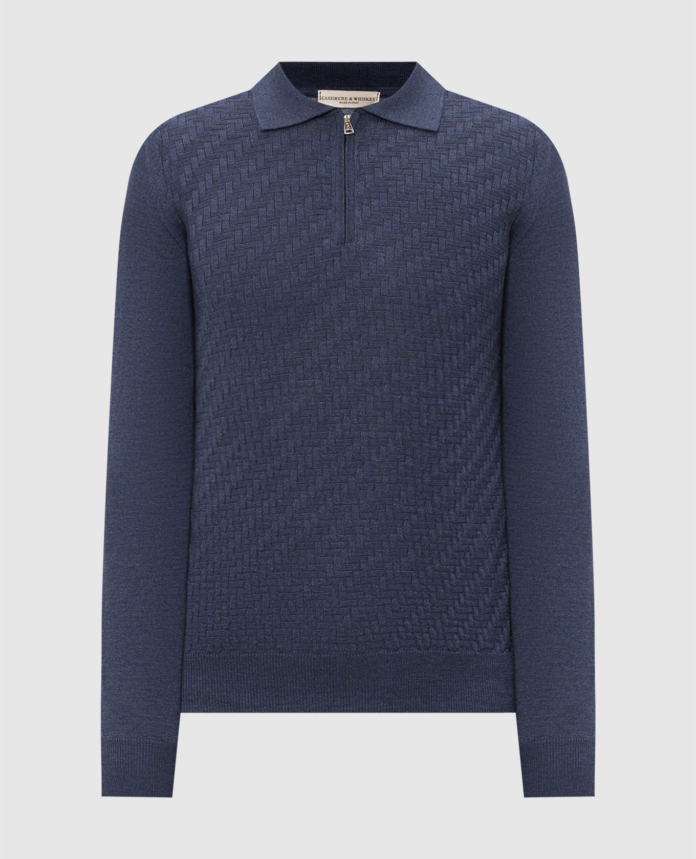 Blue merino wool polo shirt with a pattern