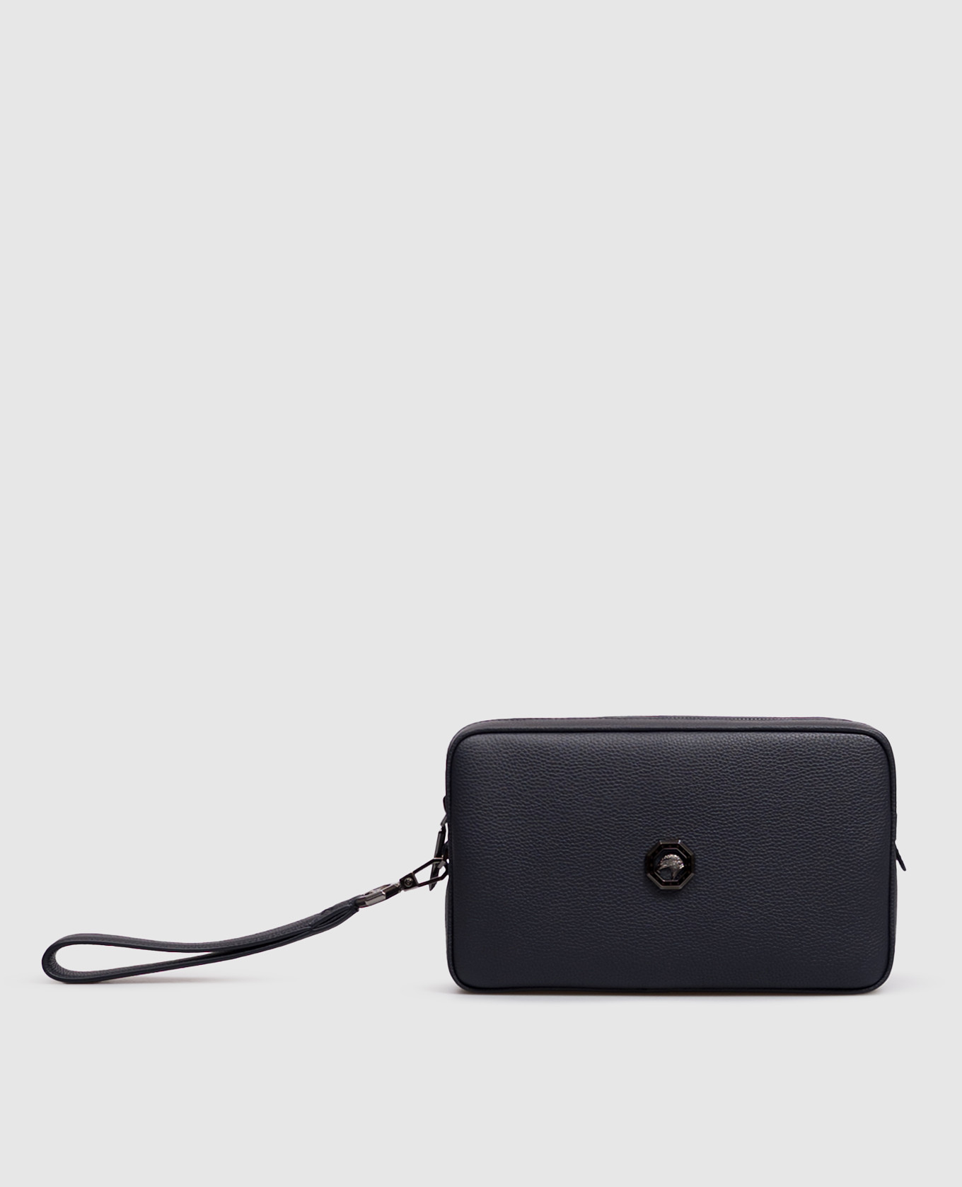 Blue leather clutch with emblem
