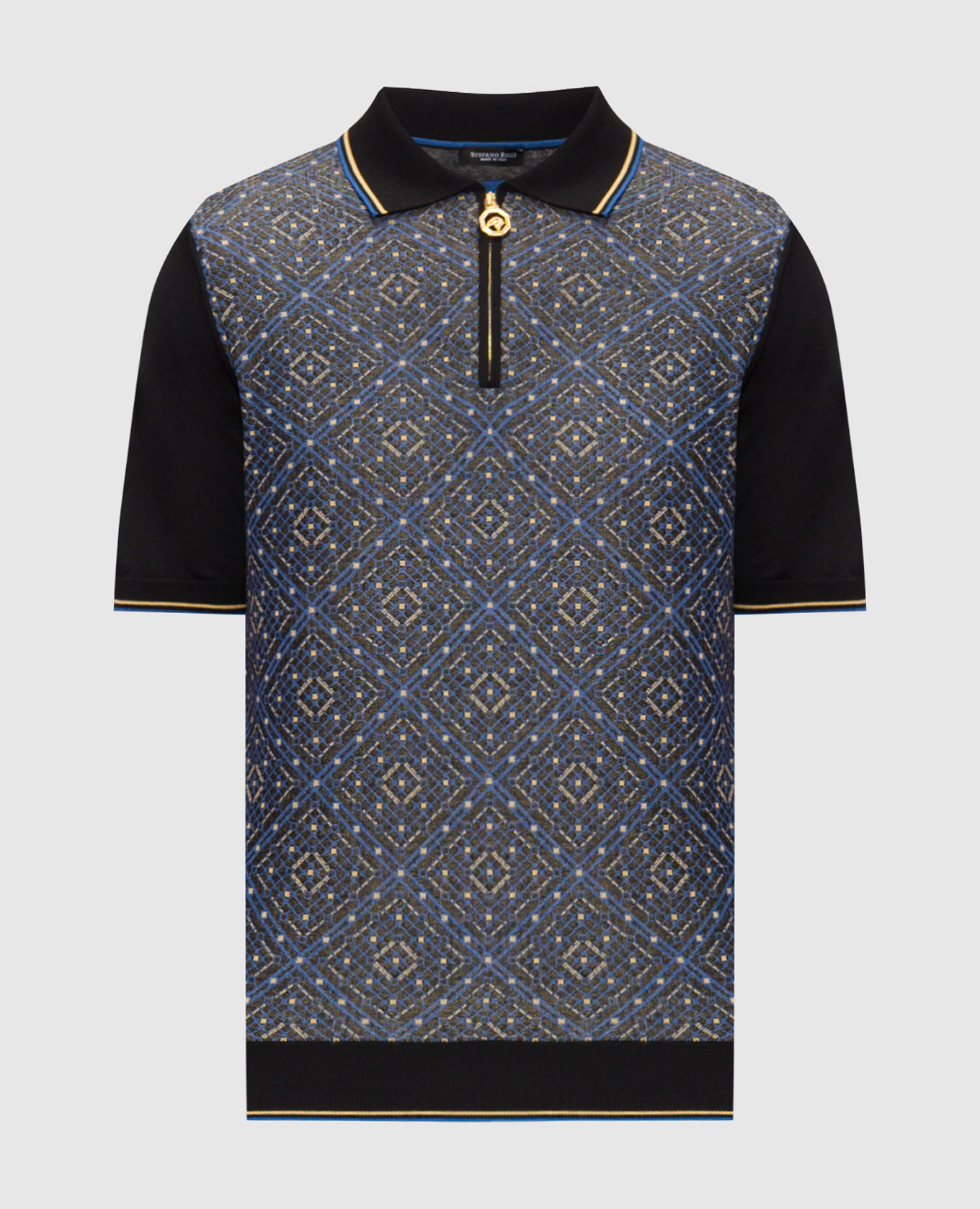 Black polo shirt with patterned silk