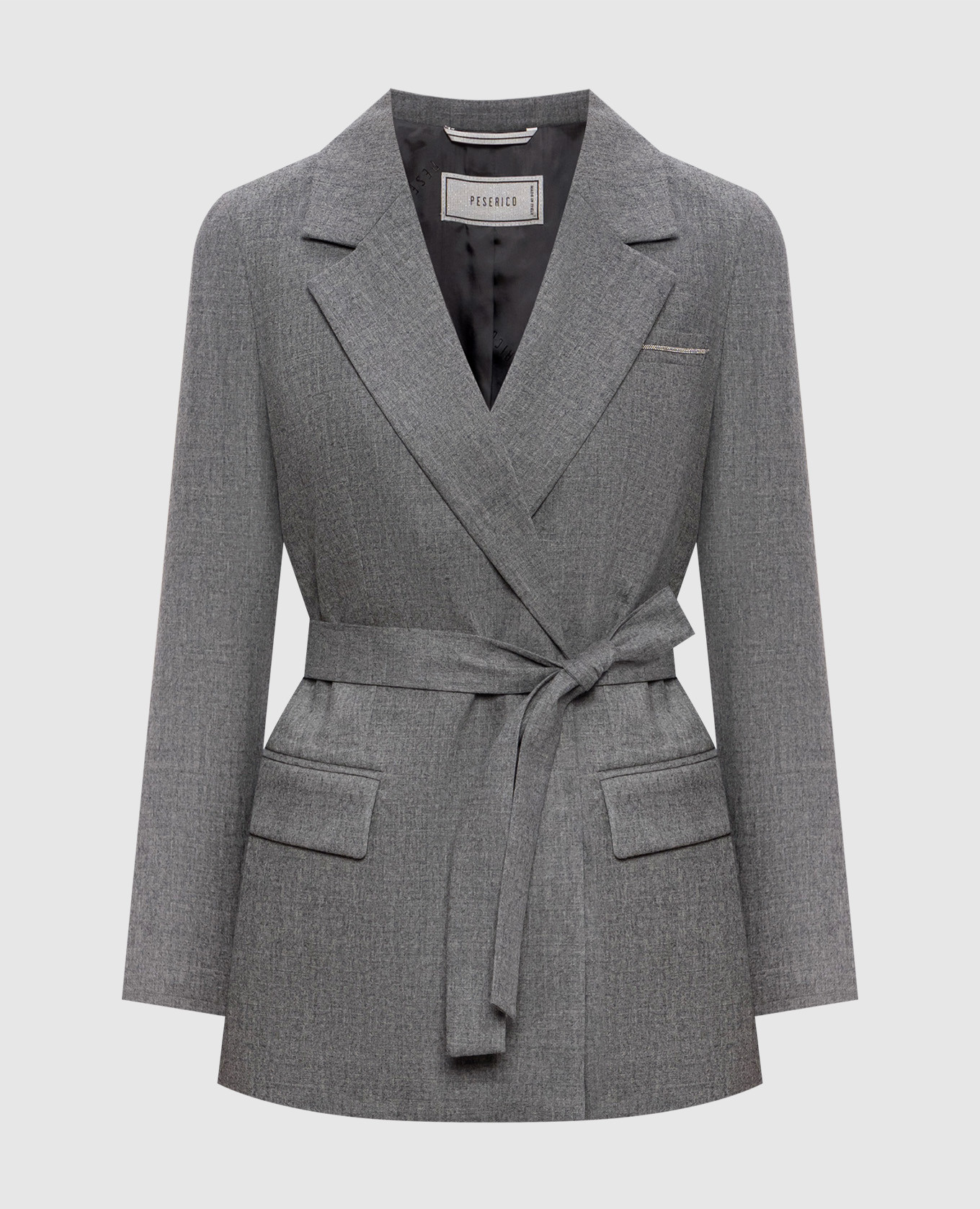 Gray double-breasted wool jacket with monil chain