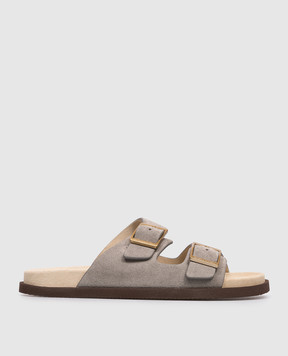 Brunello Cucinelli Grey suede flip-flops with logo engraving MZUSOLY235