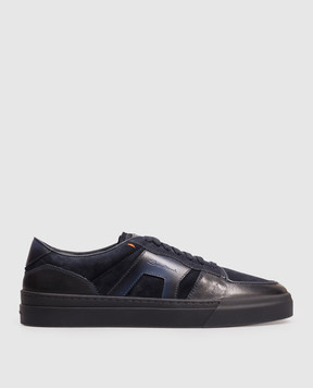 Santoni Blue leather sneakers with textured logo MBGT22221OCNTGEU