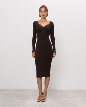 Twinset Brown ribbed dress with lace 262TP3392