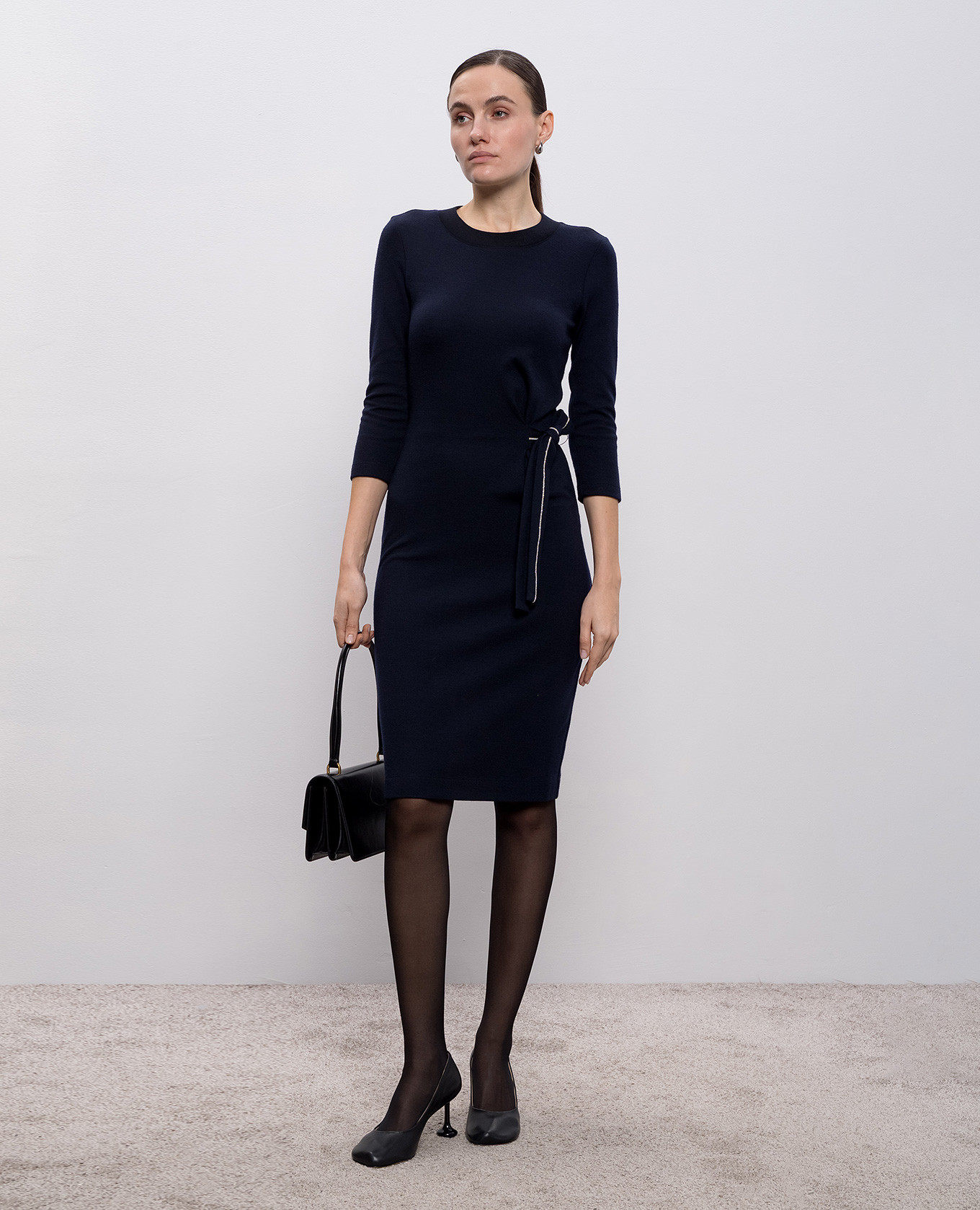 

Blue wool dress with monil chain Peserico