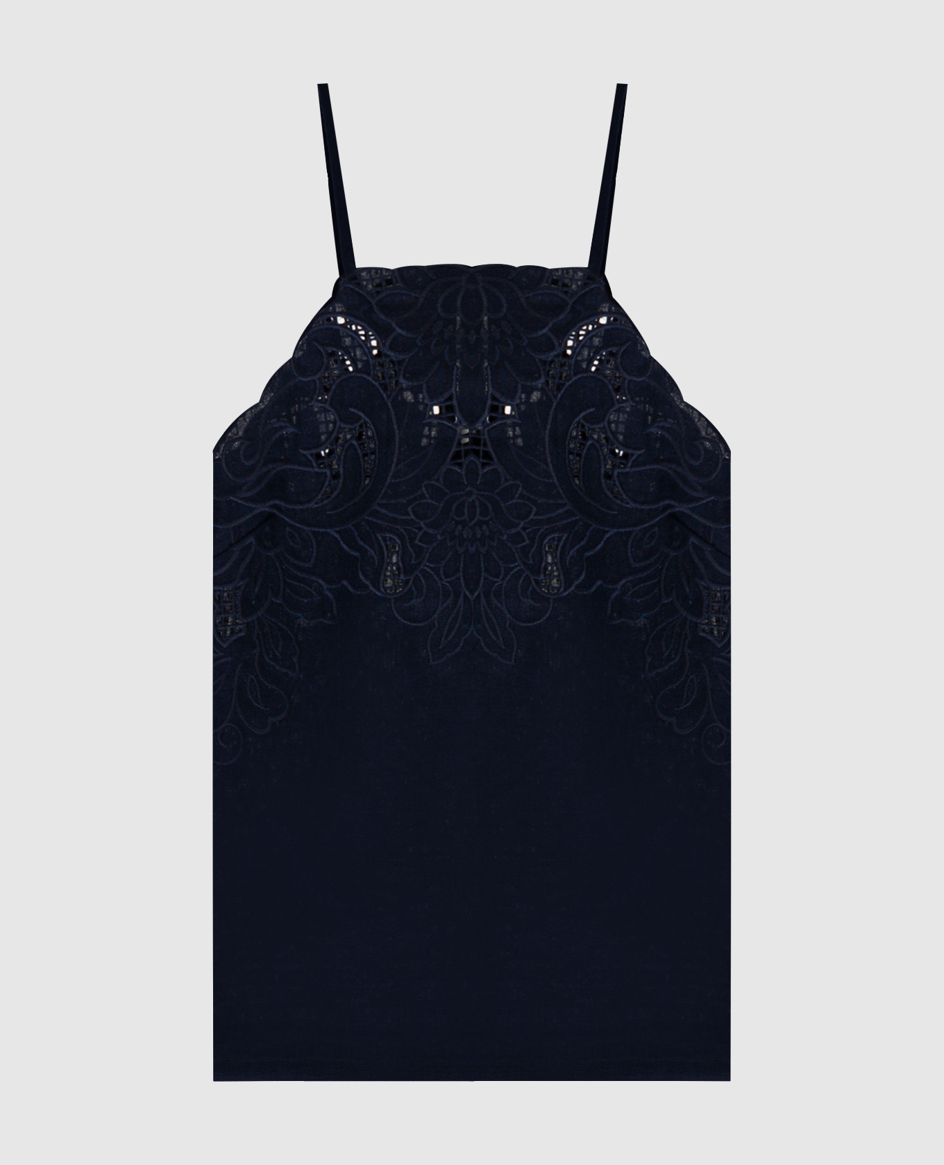 Blue linen top with richelieu embroidery