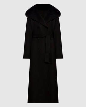 Yves Salomon Dark brown double-breasted wool and cashmere coat with fox fur 27WYM03130CARD