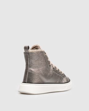Brunello Cucinelli Children's silver leather high-tops with fur BZFAY1G409