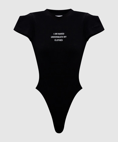Black bodysuit with a print of the inscription
