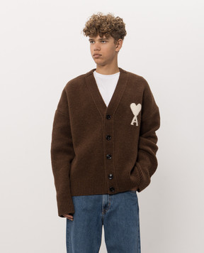Ami Paris Brown cardigan with Ami de Coeur pattern UKC365KN0135