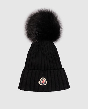 Moncler Black wool hat with pompom L20933B00039M1131