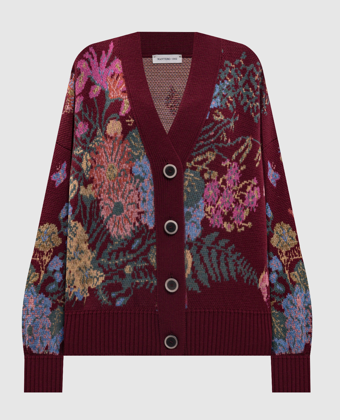 Burgundy wool cardigan with floral pattern